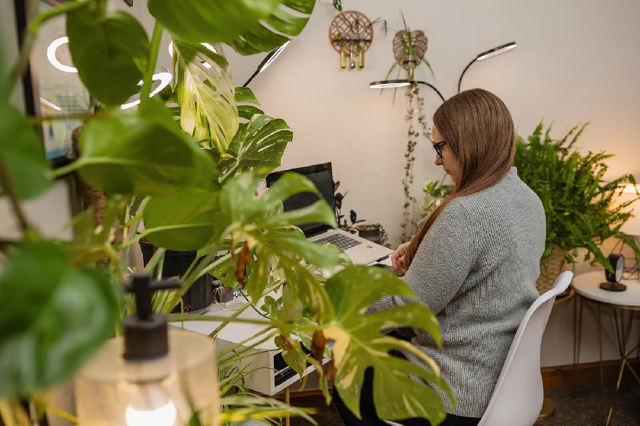 A therapist at her laptop in her office